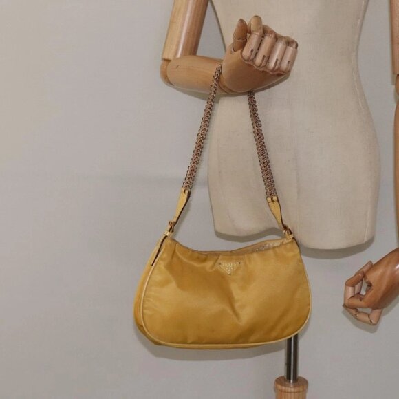 PRADA Chain Shoulder Bag Nylon Yellow Gold Auth - Picture 1 of 16